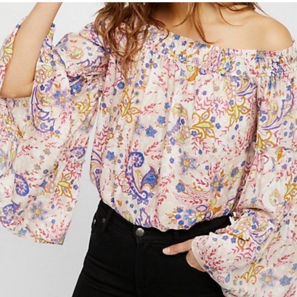 Free People Free Spirit Boho Floral Off-Shoulder Women's Oversized Top Size S